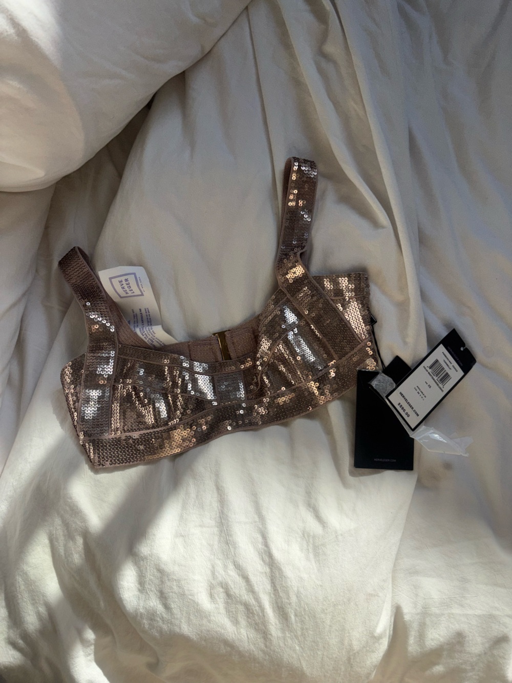 Herve Leger Rose Gold Sequin Bandage Bustier